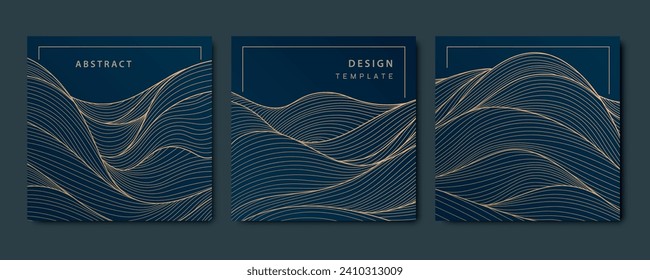 Conjunto vectorial de tarjetas de deco de arte, patrones de onda de línea, ilustraciones de mar al estilo japonés. Gráfica abstracta de lujo vintage, elementos de forma dorada.