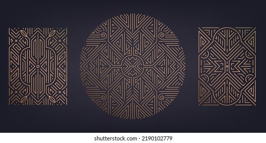 Vector set of art deco design elements, labels and frames for  luxury products, golden linear fancy backagrounds, gatsby vintage style. Use for invitations, posters, prints