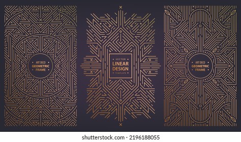 Conjunto vectorial de elementos de diseño art deco, etiquetas y marcos para productos de lujo, fondos de lujo lineales dorados, estilo vintage, afiches, impresiones, invitación a la boda, portadas