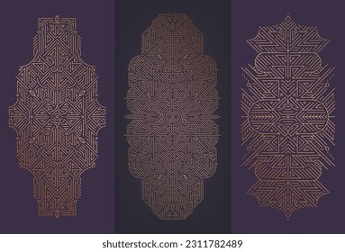 Vector set of art deco design elements, labels and frames for luxury products, golden linear fancy backagrounds, vintage style, posters, prints, wedding invitation, covers