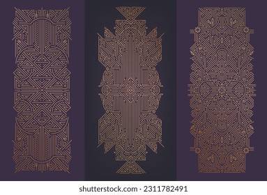 Vector set of art deco design elements, labels and frames for luxury products, golden linear fancy backagrounds, vintage style, posters, prints, wedding invitation, covers