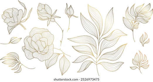 Vector set of art deco drawn leaves and flowers. Roses line illustrations, gold on white isolated. Floral graphic elements