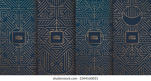 Conjunto vectorial de arte deco, etiquetas de líneas elegantes, pancartas. Vino geométrico, joyas, té, plantillas de paquetes de chocolate, diseño de lujo dorado