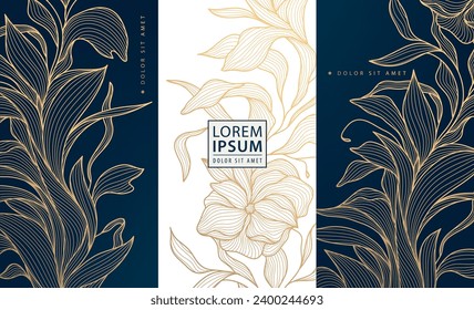 Vector set of art deco floral luxury patterns, golden royal tags with flowers and leaves. Use for jewelry, tea, spa, menu, chocolate, wine package concepts. 