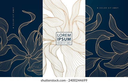 Vector set of art deco floral luxury patterns, golden royal tags with flowers and leaves. Use for jewelry, tea, spa, menu, chocolate, wine package concepts. 
