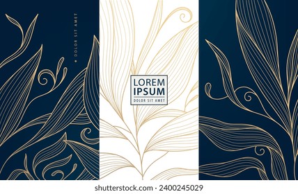 Vector set of art deco floral luxury patterns, golden royal tags with leaves. Use for jewelry, tea, spa, menu, chocolate, wine package concepts.