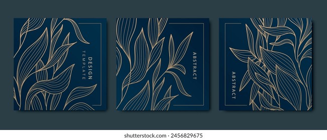 Conjunto de Vector de patrón floral art deco, marcos de etiquetas de línea, adorno de plantas vintage. Bordes de lujo orgánicos, etiquetas de naturaleza, cubiertas de flores. Dorado sobre azul