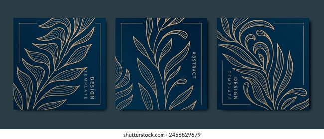 Conjunto de Vector de patrón floral art deco, marcos de etiquetas de línea, adorno de plantas vintage. Bordes de lujo orgánicos, etiquetas de naturaleza, cubiertas de flores. Dorado sobre azul