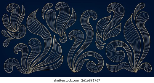 Vector set of art deco floral elements, line golden leaf swirl ornament. Plant petals boho branches, decor design, swirl logos 
