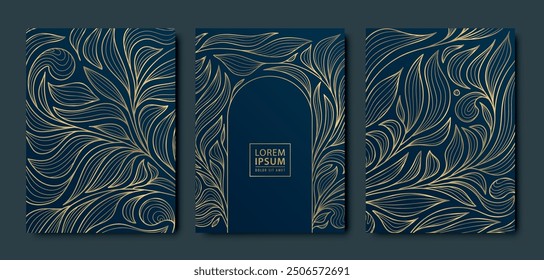 Conjunto de Vector de adornos de hojas de florecimiento art déco con arco. Antiguas bordes, marcos, cubiertas y rótulos de lujo japoneses. Patrones florales de oro y negro de la boda Nouveau.