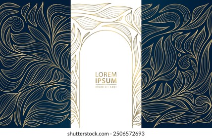 Vector set of art deco flourish leaves ornaments with arch. Vintage japanese luxury borders, frames, covers and labels. Nouveau wedding gold and black floral patterns.