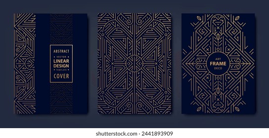 Vector set of art deco frame patterns, gold line design labels. Luxury geometric covers, vintage background, premium templates.