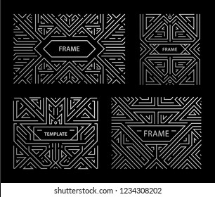 Vector set of art deco frames, adges, abstract geometric design templates for luxury products. Linear ornament compositions, vintage. Use for packaging, branding, decoration, etc. Square, silver