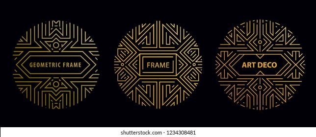 Vector set of art deco frames, adges, abstract geometric design templates for luxury products. Linear ornament compositions, vintage. Use for packaging, branding, decoration, etc. Golden circles