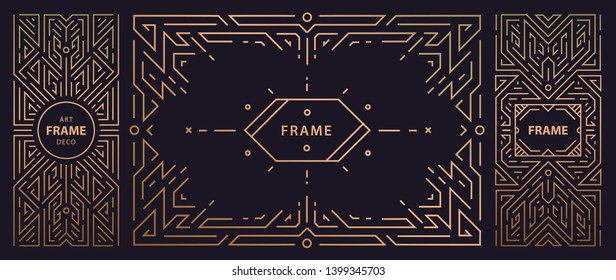 Vector set of art deco frames, adges, abstract geometric design templates for luxury products. Linear ornament compositions, vintage. Use for packaging, branding, decoration, etc. Golden