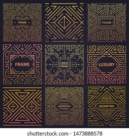 Vector set of art deco frames, adges, abstract geometric design templates for luxury products. Linear ornament compositions, vintage. Use for packaging, branding, decoration, etc. Square