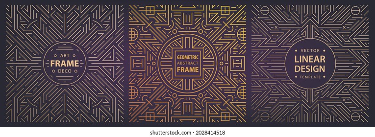 Vector set of art deco frames, abstract geometric design templates for luxury products. Linear square ornament compositions, vintage. Use for packaging, branding, decoration, etc. Geometric shapes