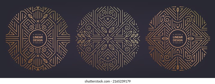 Vector set of art deco frames, adges, abstract geometric design templates for luxury products. Linear ornament compositions, vintage. Use for packaging, branding, decoration, etc. Golden circles