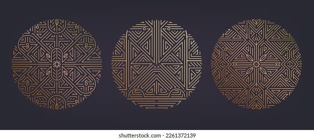 Vector set of art deco frames, adges, abstract geometric design templates for luxury products. Linear ornament compositions, vintage. Use for packaging, branding, decoration, etc. Golden circles