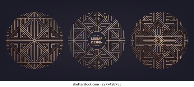 Vector set of art deco frames, adges, abstract geometric design templates for luxury products. Linear ornament compositions, vintage. Use for packaging, branding, decoration, etc. Golden circles.