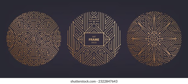 Vector set of art deco frames, adges, abstract geometric design templates for luxury products. Linear ornament compositions, vintage. Use for packaging, branding, decoration, etc. Golden circles.