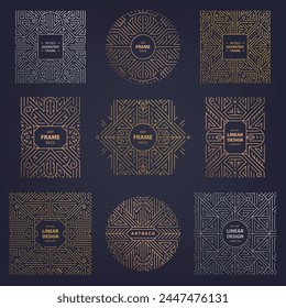 Vector set of art deco frames, line design patterns. Golden, silver, copper borders, luxury labels, abstract logos. Vintage gatsby fancy package elements.