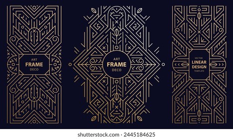 Vector set of art deco geometric frames, line gold borders, vintage luxury gatsby style ornaments. Retro elegant package, wedding invitation, monogram badge