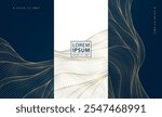 Vector set of art deco gold wave package templates, labels, line background. Elegant premium texture for design, glitter leaves, sea, silk dynamic illustration