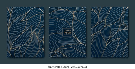 Conjunto vectorial de hojas de oro art deco fondo, diseño abstracto de lujo de cobre, ilustraciones tropicales de línea. Utilícelo para invitaciones, banners, bordes, paquetes. 