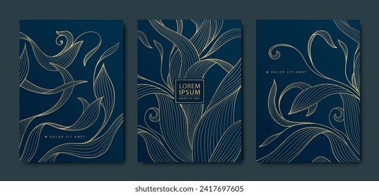 Vector set of art deco gold leaves background, copper luxury abstract design, line tropical illustrations. Use for invitations, banners, borders, package. 