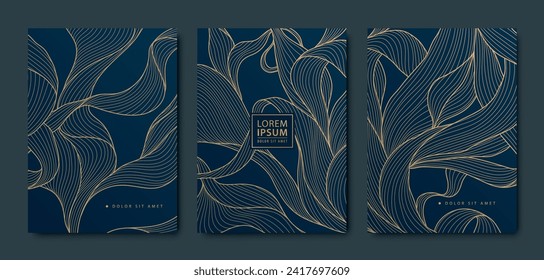 Conjunto vectorial de hojas de oro art deco fondo, diseño abstracto de lujo de cobre, ilustraciones tropicales de línea. Utilícelo para invitaciones, banners, bordes, paquetes. 