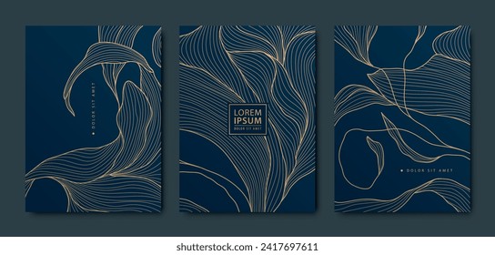 Vector set of art deco gold leaves background, copper luxury abstract design, line tropical illustrations. Use for invitations, banners, borders, package. 