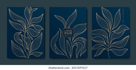 Vector set of art deco gold leaves background, copper luxury abstract design, line tropical illustrations. Use for invitations, banners, borders, package. 