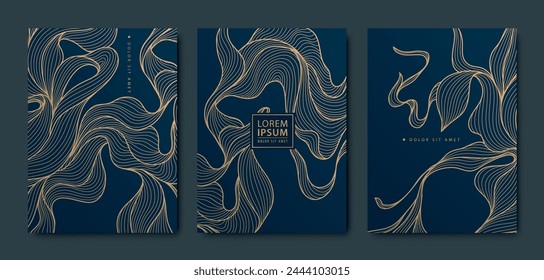 Vektorgrafik Set von Art Deco Goldblätter Hintergrund, Kupfer Luxus abstrakte Design, Linie tropische Abbildungen. Verwenden Sie für Einladungen, Banner, Rahmen, Paket. 