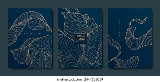 Vector set of art deco gold leaves background, copper luxury abstract design, line tropical illustrations. Use for invitations, banners, borders, package. 