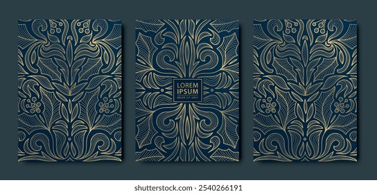 Vector set of art deco gold swirl Christmas cards, holiday elegant winter royal motif. Vintage premium branches, floral decoration illustration