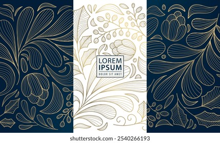 Vector conjunto de tarjetas de Navidad de remolino de oro art deco, motivo real de invierno elegante de vacaciones. Ramas premium de Antiguas, ilustración de decoración floral