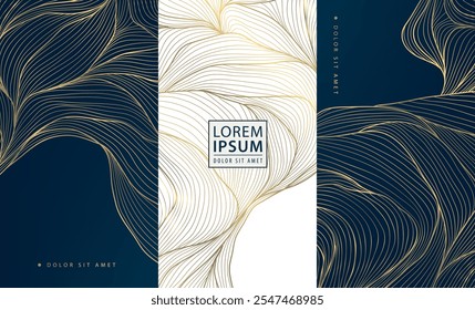 Vector set of art deco gold wave package templates, labels, line background. Elegant premium texture for design, glitter leaves, sea, silk dynamic illustration