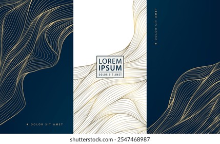 Conjunto de Vector de Plantillas de paquete de onda de oro art deco, etiquetas, fondo de línea. Textura premium elegante para el diseño, hojas de brillo, mar, seda ilustración dinámica