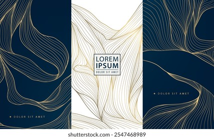 Vector set of art deco gold wave package templates, labels, line background. Elegant premium texture for design, glitter leaves, sea, silk dynamic illustration