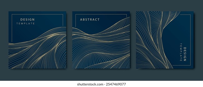 Vector set of art deco gold wave package templates, labels, line background. Elegant premium texture for design, glitter leaves, sea, silk dynamic illustration