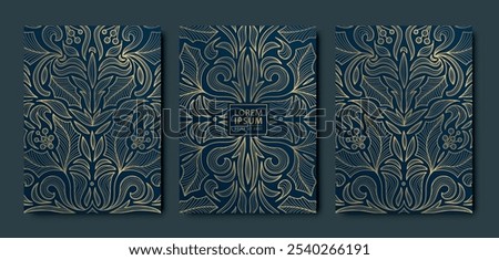 Vector set of art deco gold swirl Christmas cards, holiday elegant winter royal motif. Vintage premium branches, floral decoration illustration