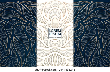 Conjunto de Vector de patrones florales de oro art deco, marcos de hojas modernas, vino, paquete de caja. Plantillas de ornamento de línea real, etiquetas de belleza natural. Boda, perfume, regalo, diseño de productos de joyería