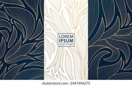 Conjunto de Vector de patrones florales de oro art deco, marcos de hojas modernas, vino, paquete de caja. Plantillas de ornamento de línea real, etiquetas de belleza natural. Boda, perfume, regalo, diseño de productos de joyería