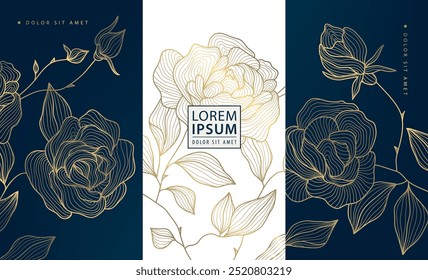 Vector set of art deco labels, golden line roses labels, elegant graphics. Nature frames, wedding invitations, fancy concept 