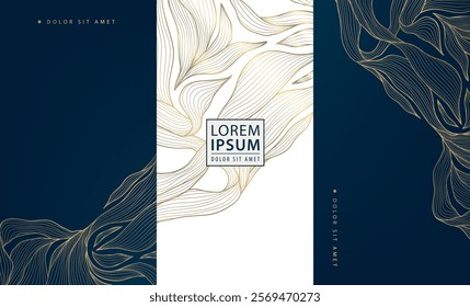 Vector set of art deco leaves golden labels, floral luxury vintage package, cards, covers. Wine, perfume, coffee products, wedding invitations