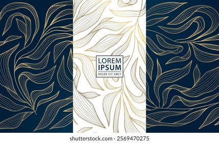 Vector set of art deco leaves golden labels, floral luxury vintage package, cards, covers. Wine, perfume, coffee products, wedding invitations