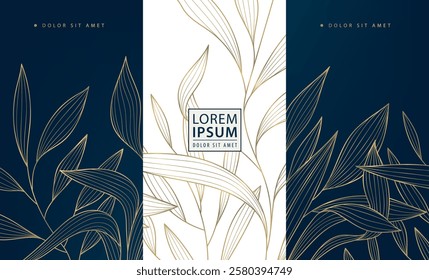 Vector set of art deco leaves pattern, luxury gold line floral design, leaf labels, floral logos, ornaments. Elegant wine, package, gift package labels