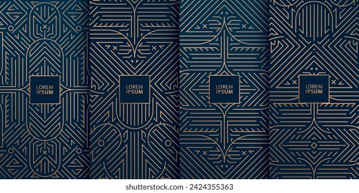 Conjunto vectorial de fondos geométricos de línea art deco, vino, caja, chocolate, diseño de etiquetas. Adorno de gatsby negro y dorado de primera calidad