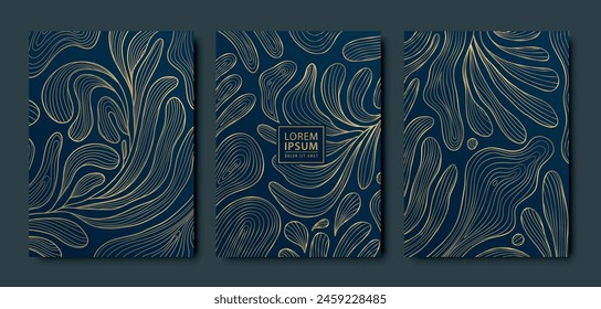 Conjunto de Vector de patrones de hojas de línea art deco, fondo dorado, textura de planta abstracta de lujo. Naturaleza follaje gráfico de fantasía, cartel, ilustración. Invitación a Antiguas jungle.
